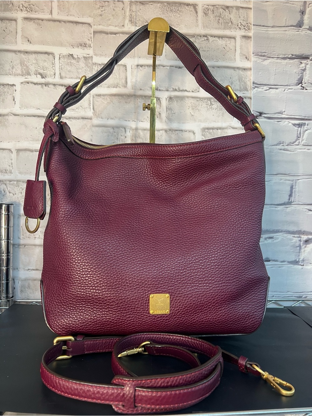 MCM Pebbled Leather Shoulder Bag in Burgundy